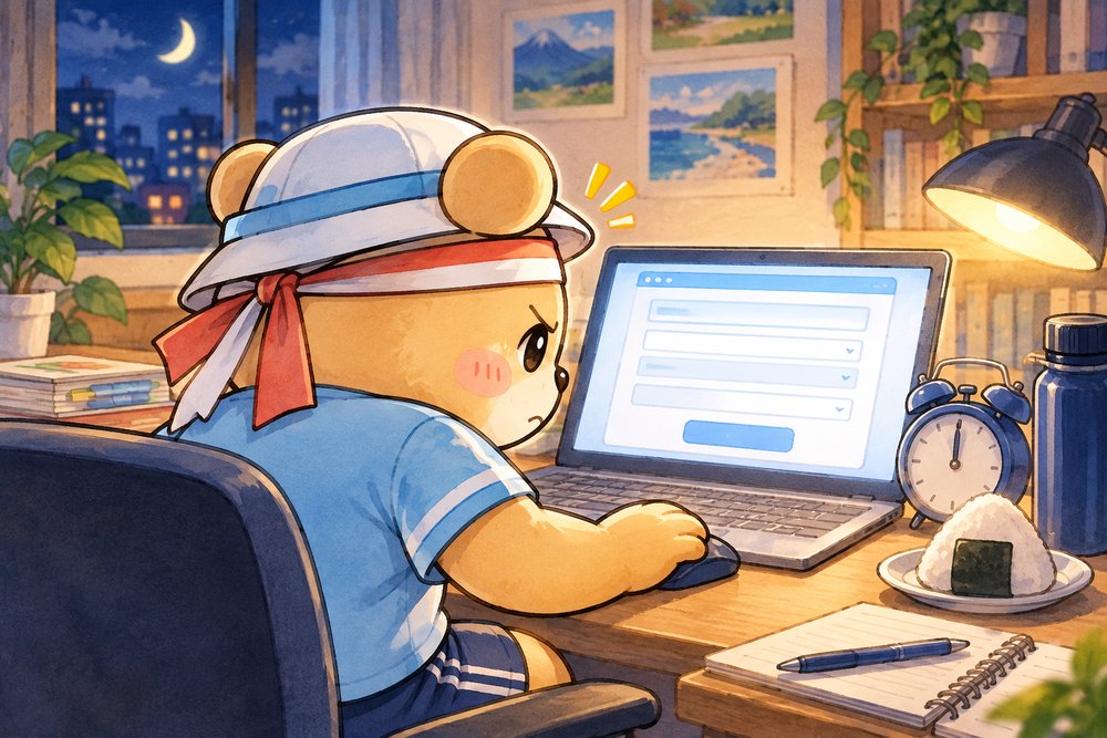 パソコンの前で大会のエントリー開始を待ちかまえるクマのナビ助