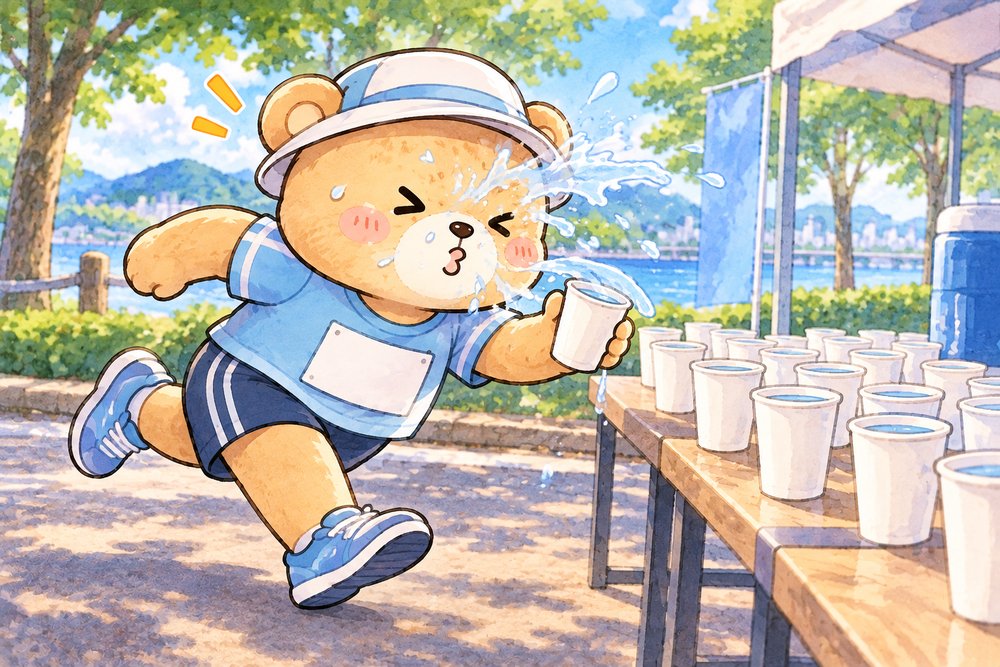 マラソン大会の給水所で紙コップの水を取るクマのナビ助