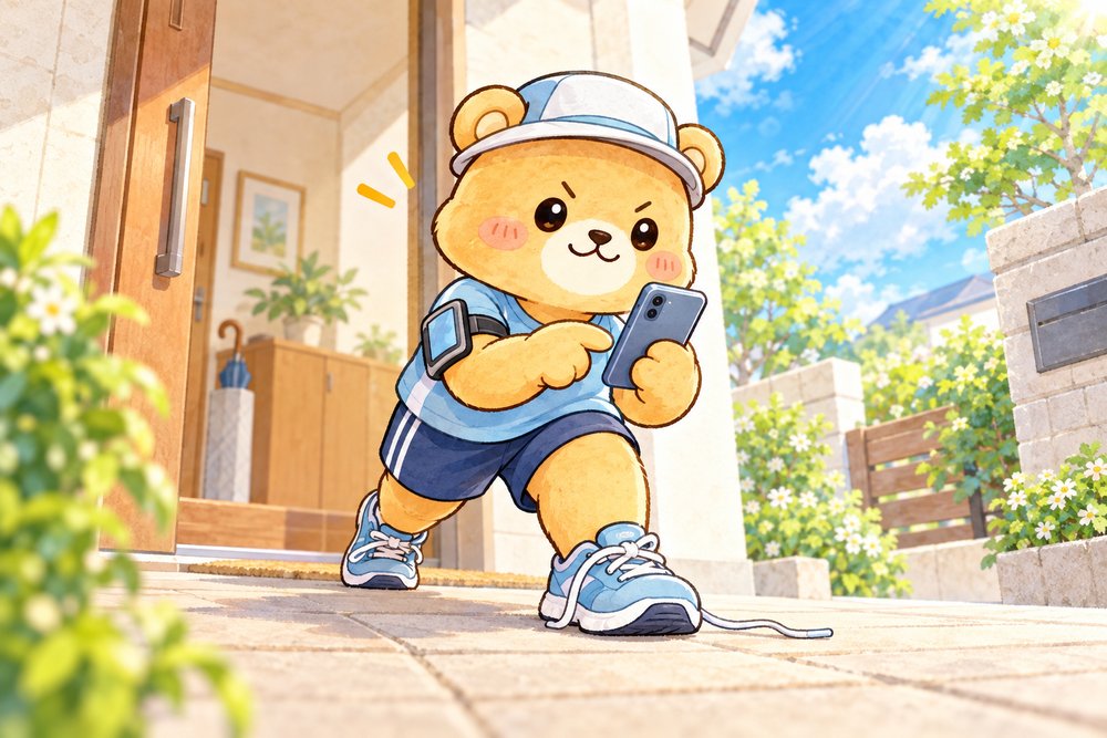 ほどけた靴ひものままアプリでスタートするクマのナビ助