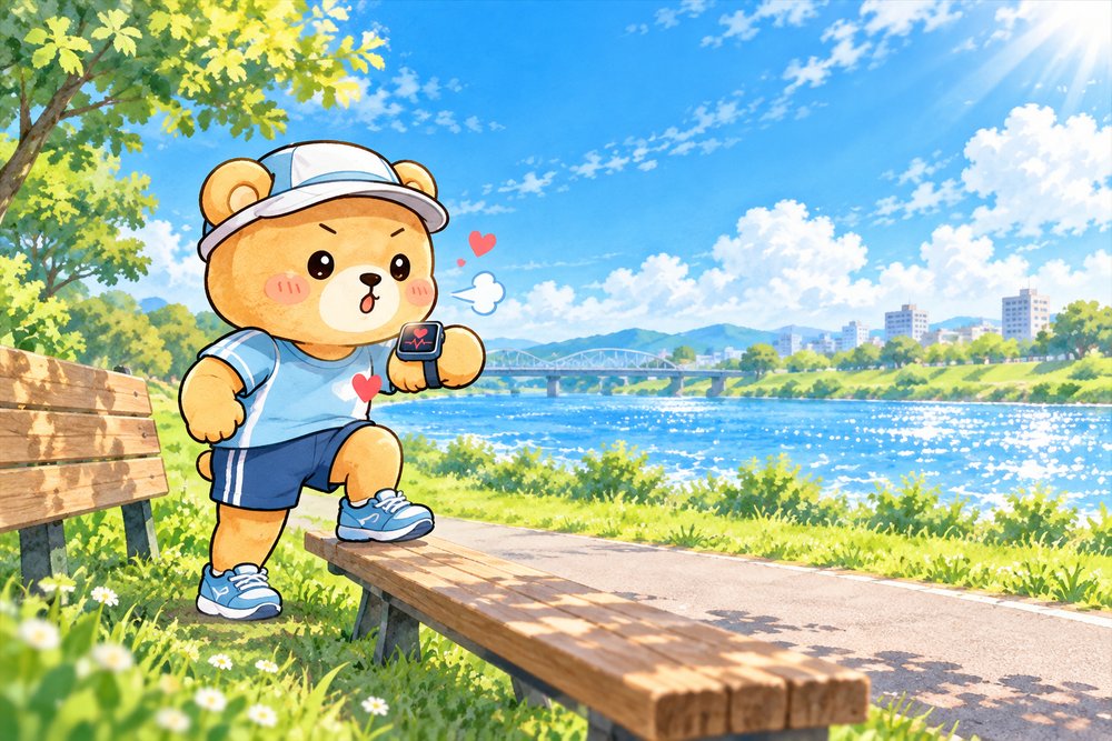 スマートウォッチで心拍を確かめるクマのナビ助