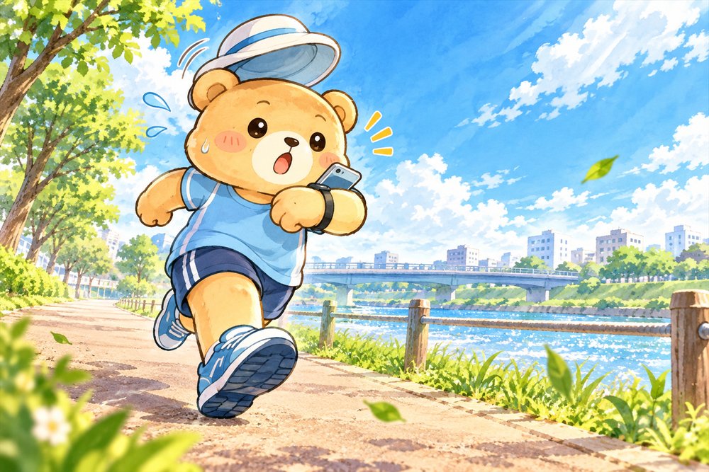 走りながら腕のスマホで記録を確認するクマのナビ助