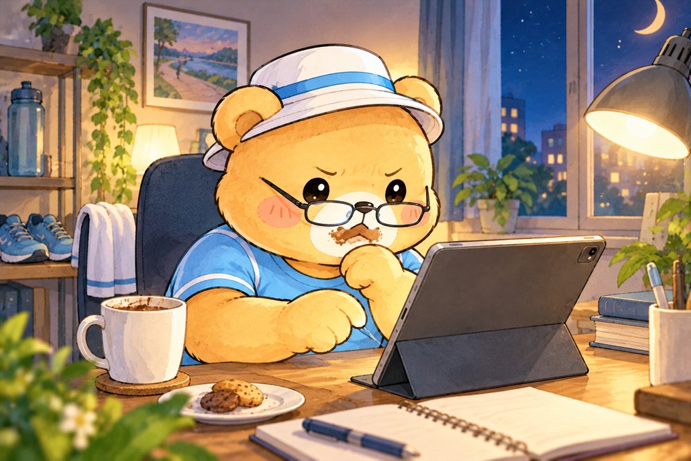 タブレットのグラフでランニングを分析するクマのナビ助