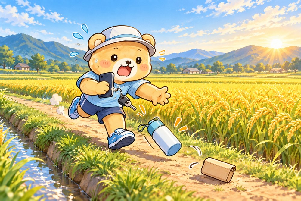 稲田のあぜ道で荷物を落としてあわてるクマのナビ助