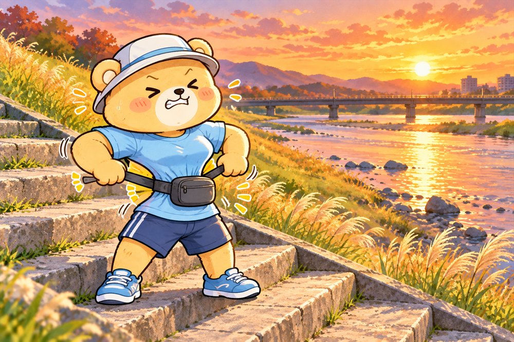 夕方の河川敷の石段でウエストポーチを締めるクマのナビ助