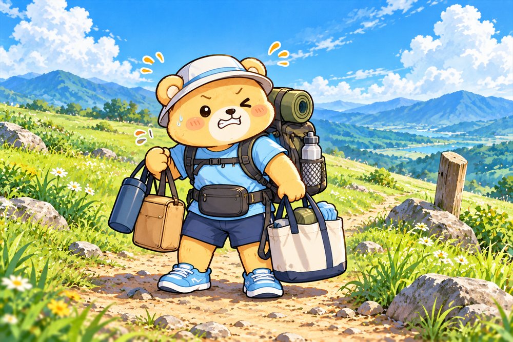 高原のトレイルで荷物だらけになって困るクマのナビ助