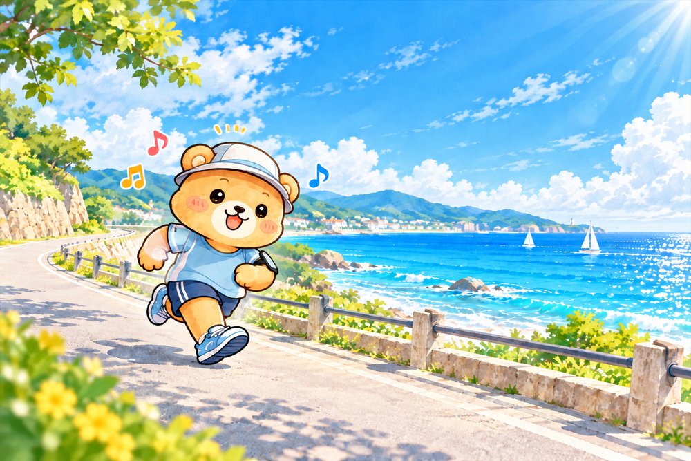 アームバンドを着けて海沿いをご機嫌で走るクマのナビ助