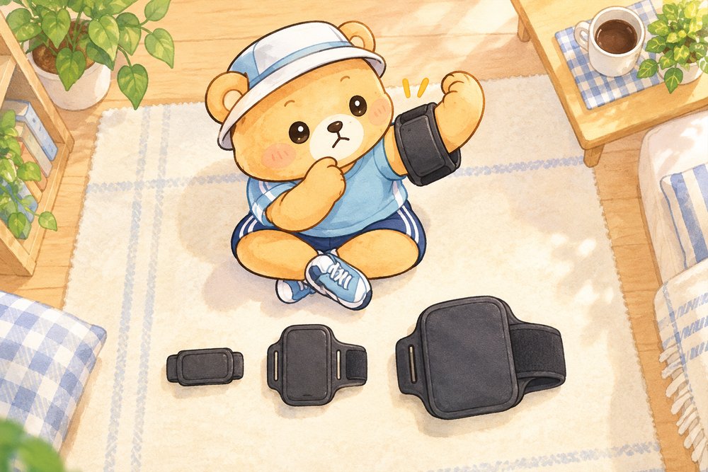 3つのアームバンドを見比べて考えるクマのナビ助