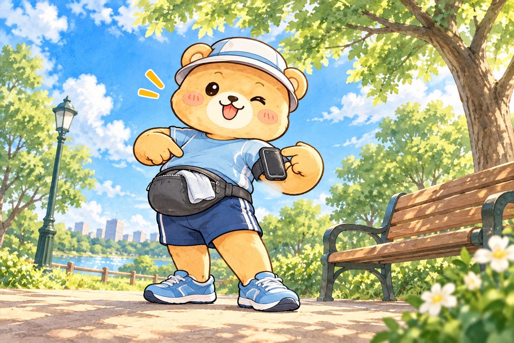 ウエストポーチとアームバンドを見比べてドヤ顔のクマのナビ助