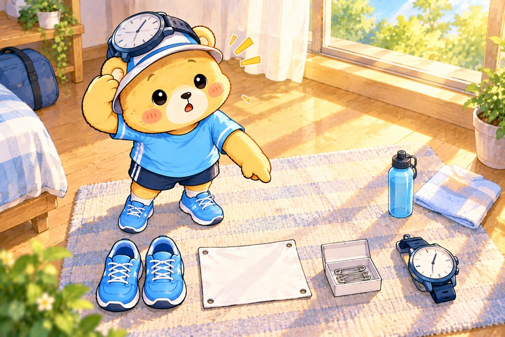 大きな時計を頭にのせてきょとんとするクマのナビ助