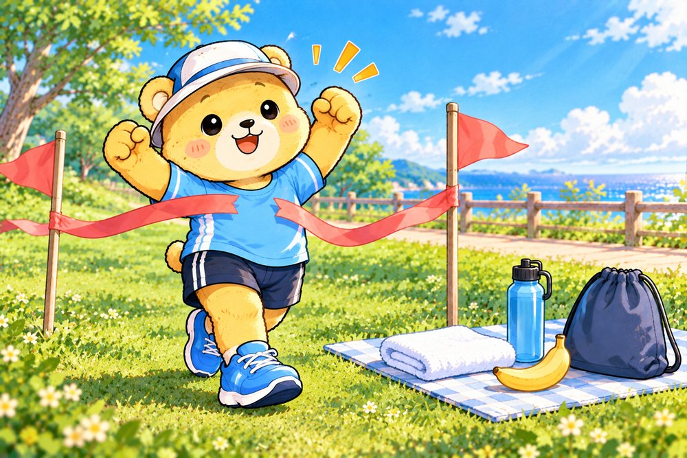 ゴールのリボンを切ってガッツポーズするクマのナビ助
