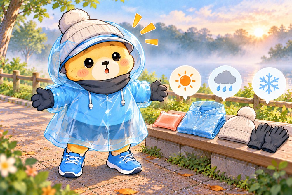 季節の道具を着込んでもこもこになるクマのナビ助