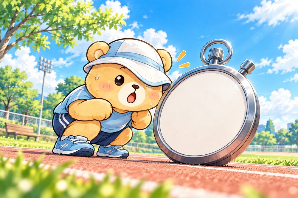 大きなストップウォッチをのぞき込むクマのナビ助