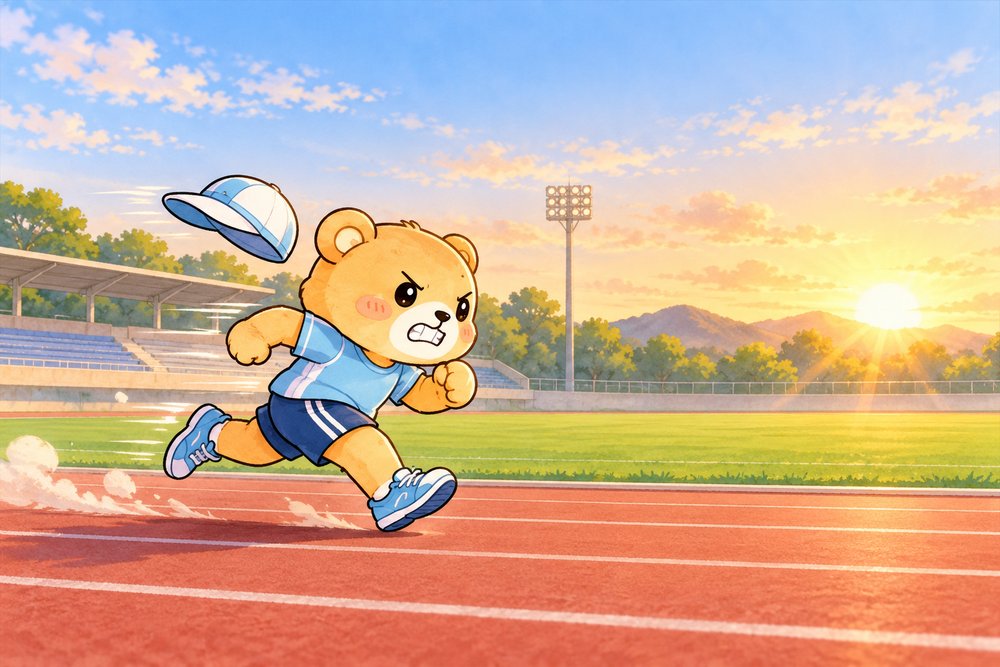 朝のトラックでダッシュ練習をするクマのナビ助