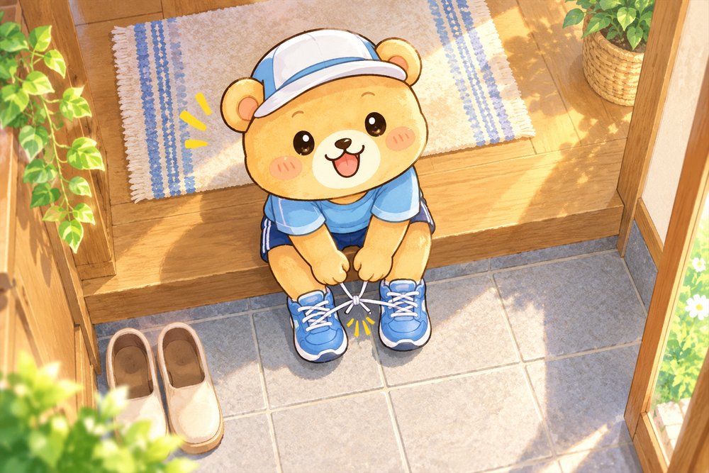 新しいシューズのひもを結ぶクマのナビ助