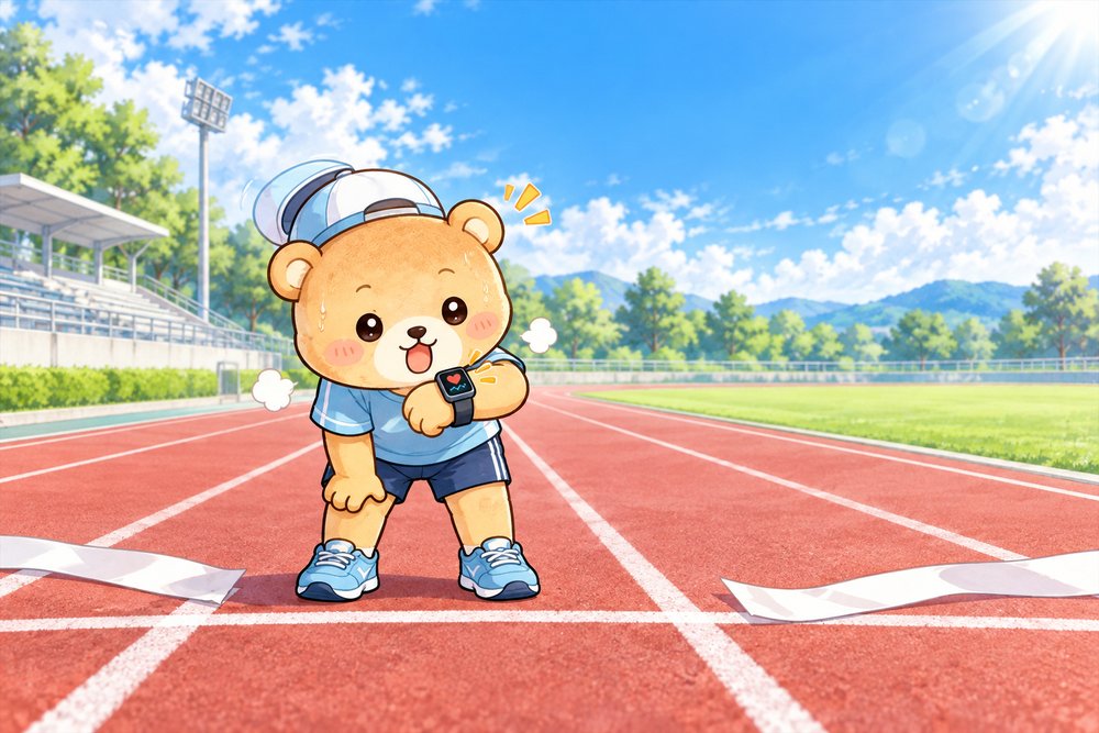 ゴール後に腕時計を見て驚くクマのナビ助