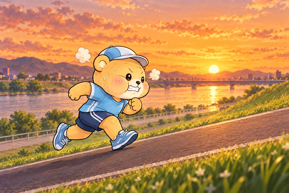 夕焼けの河川敷で坂道ダッシュするクマのナビ助