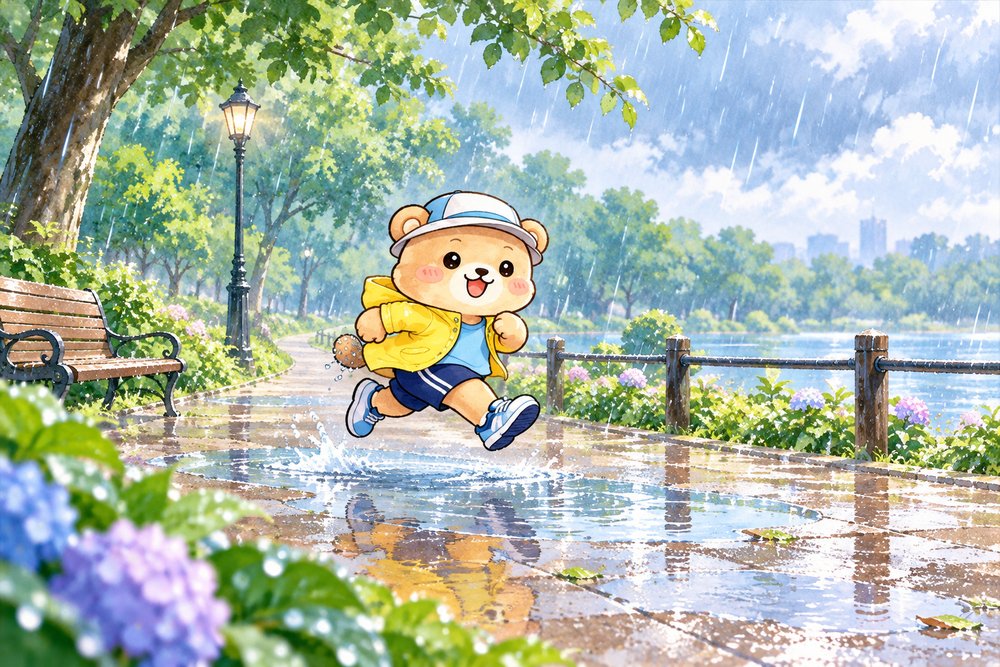 雨の公園で水たまりをジャンプするレインジャケット姿のクマのナビ助