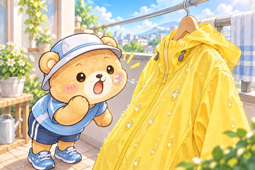 洗ったレインジャケットの撥水を観察するクマのナビ助
