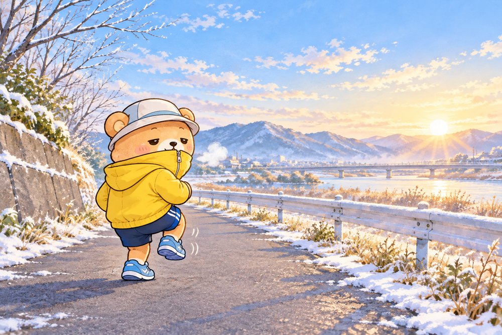 冬の早朝にジャケットを閉めて走り出すクマのナビ助