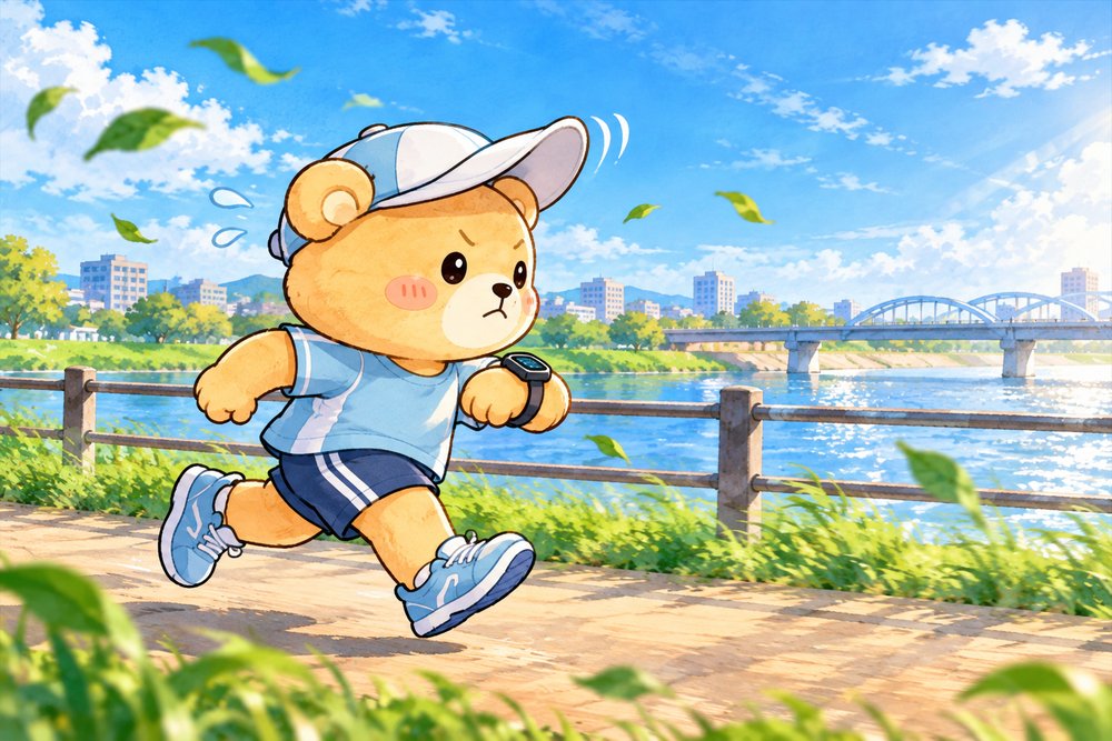 走りながら腕時計で距離を確かめるクマのナビ助