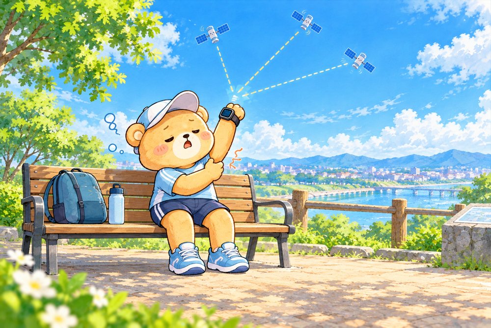 ベンチでGPSをつかむのを待つクマのナビ助