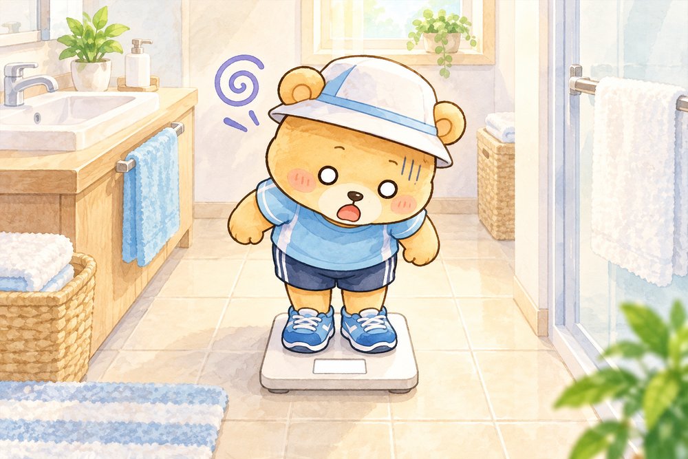 体重計に乗って目を丸くするクマのナビ助