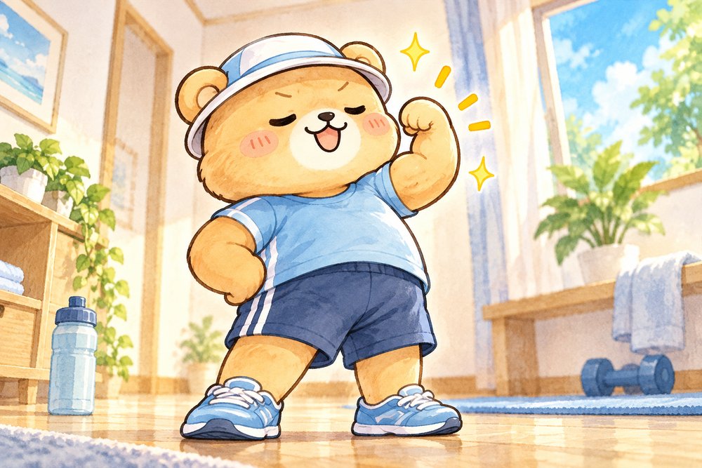 力こぶを見せてドヤ顔のクマのナビ助