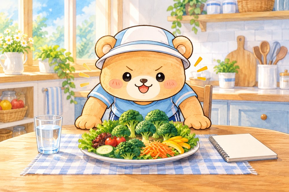 野菜たっぷりの皿を前に決意するクマのナビ助