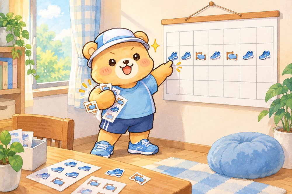 カレンダーにシールを貼って1週間のランニング計画を立てるクマのナビ助