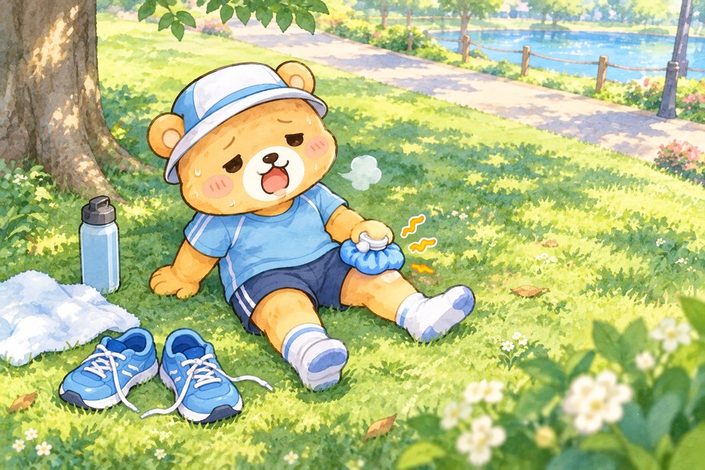走りすぎて芝生でひざを冷やしながら休むクマのナビ助