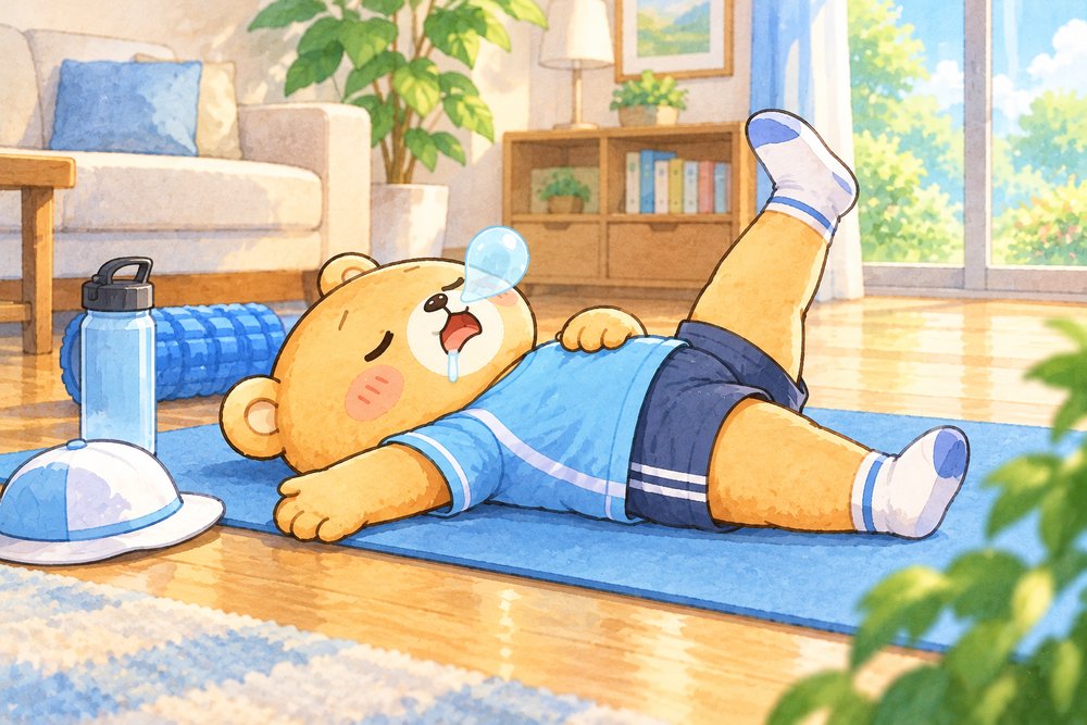 休息日にストレッチの途中で寝てしまったクマのナビ助