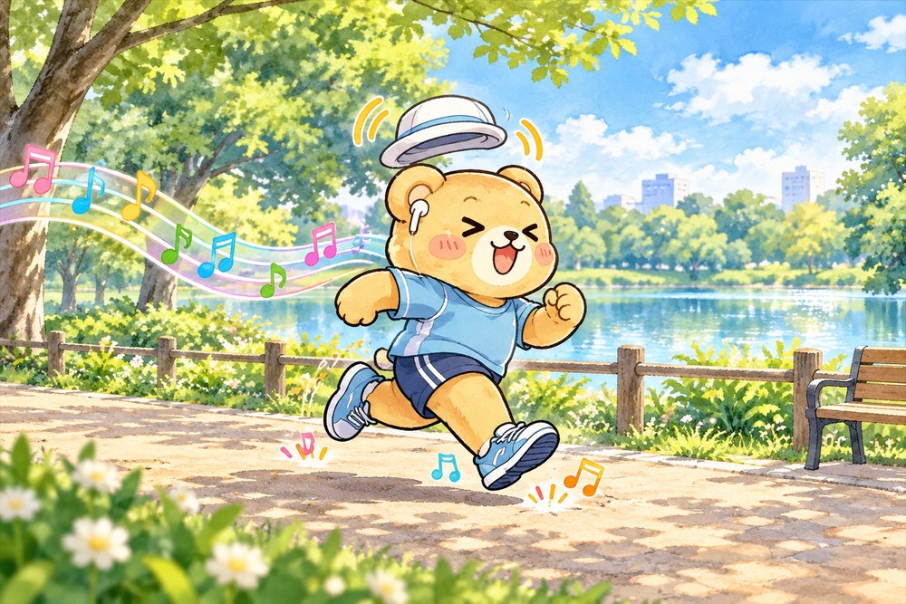 音楽のリズムに乗って公園を走るクマのナビ助