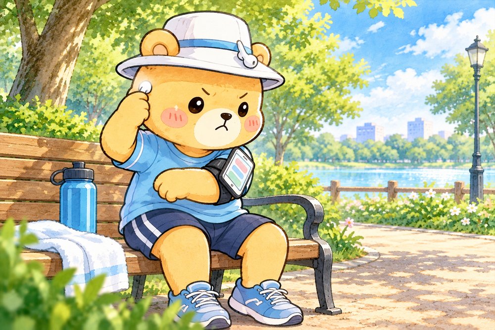 走る前にイヤホンとアームバンドを準備するクマのナビ助