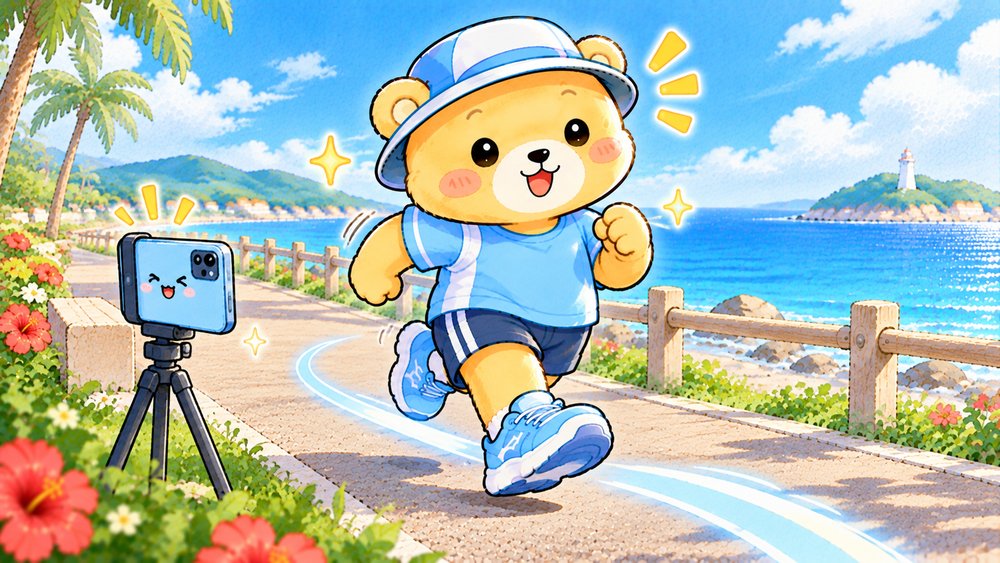 三脚のスマホの前を背筋を伸ばして走り抜けるクマのナビ助