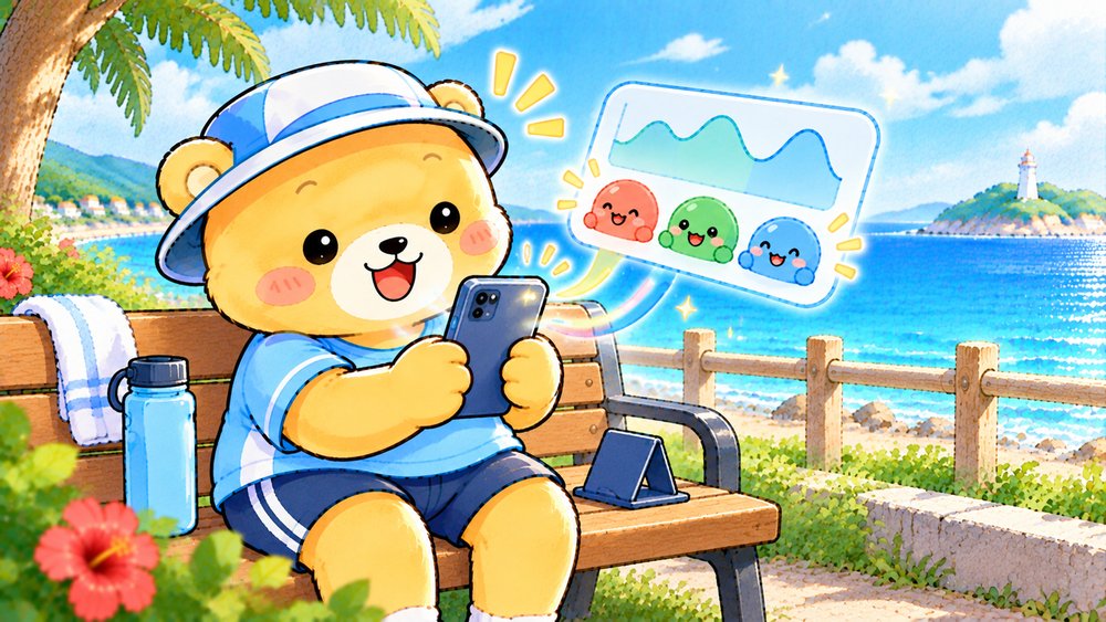 ベンチでアプリの波形グラフをのぞくクマのナビ助