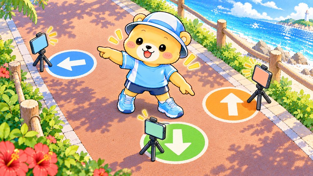 スマホを置く3つの位置を指さして説明するクマのナビ助