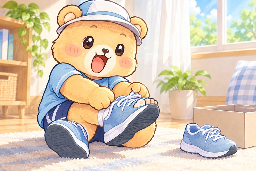 シューズにぴったり足が入って感動するクマのナビ助
