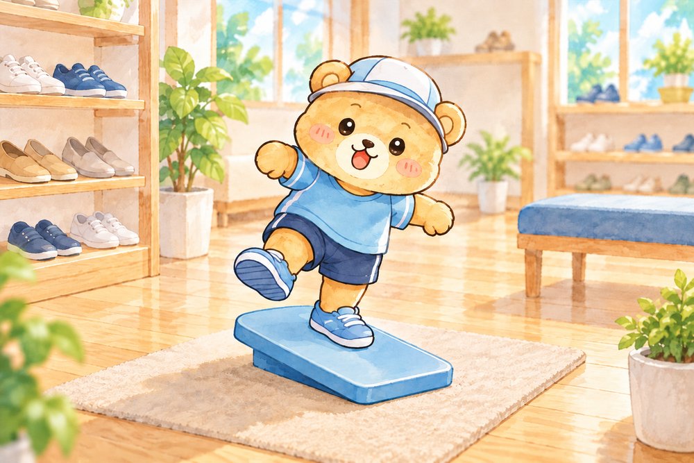 足の計測台でバランスをとるクマのナビ助