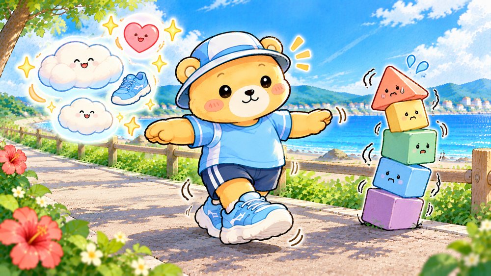 厚底シューズで両手を広げてバランスをとるクマのナビ助