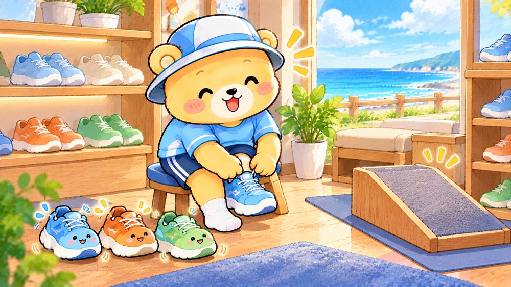試し履きでシューズのひもを結ぼうとするクマのナビ助
