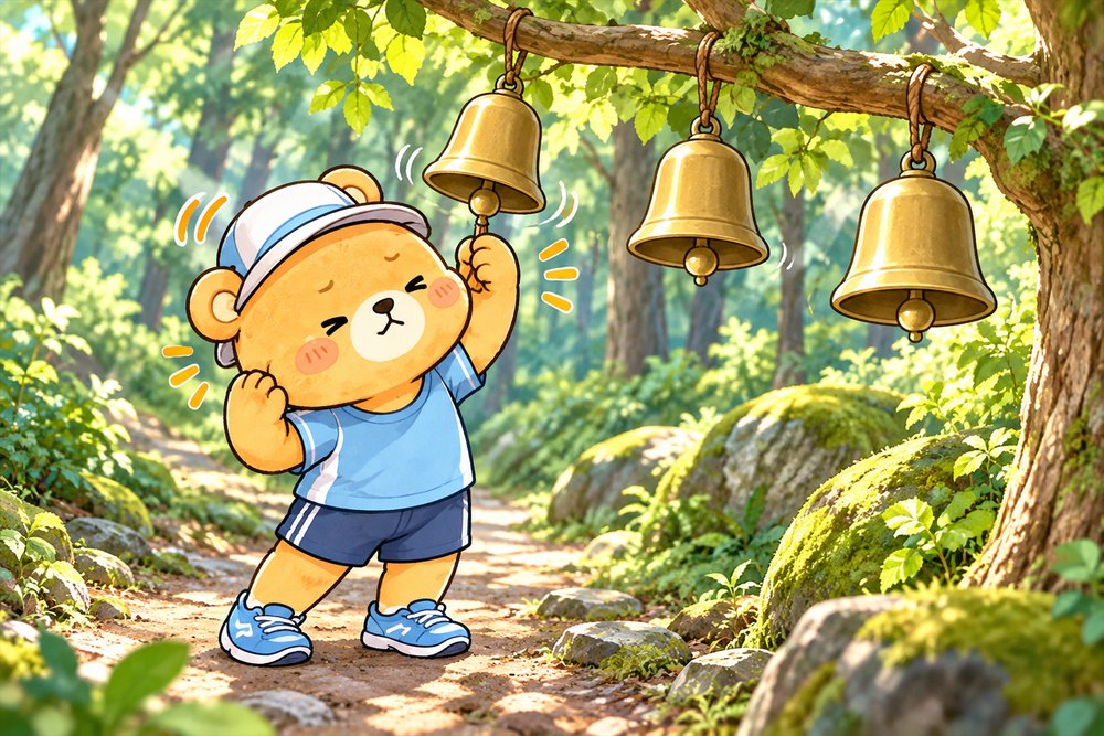 森の小道で3つのベルの音をたしかめるクマのナビ助