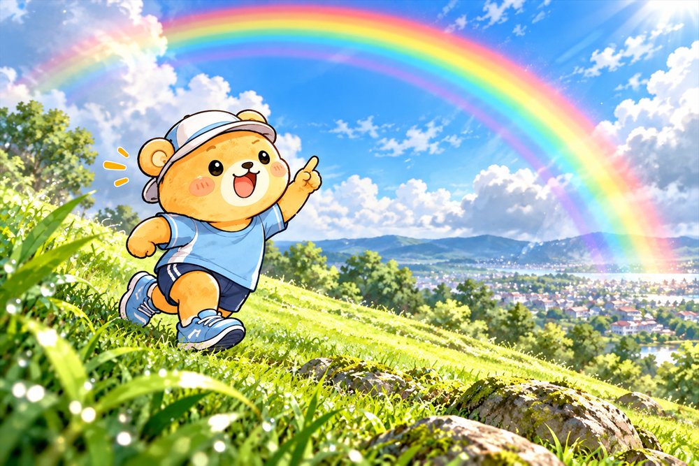 雨上がりの丘で七色の虹を指さして数えるクマのナビ助