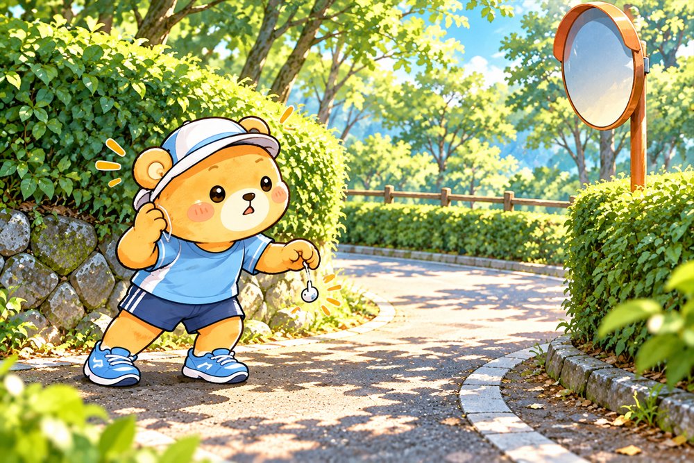 遊歩道の曲がり角で足をとめて周りをたしかめるクマのナビ助