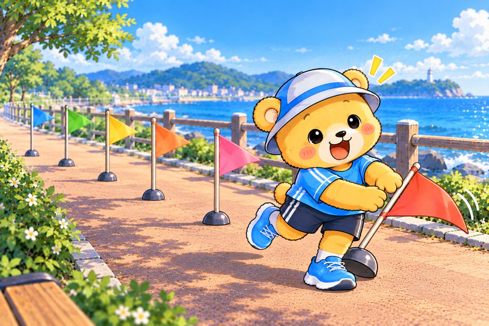 旗にタッチして旗を抱えて笑うクマのナビ助