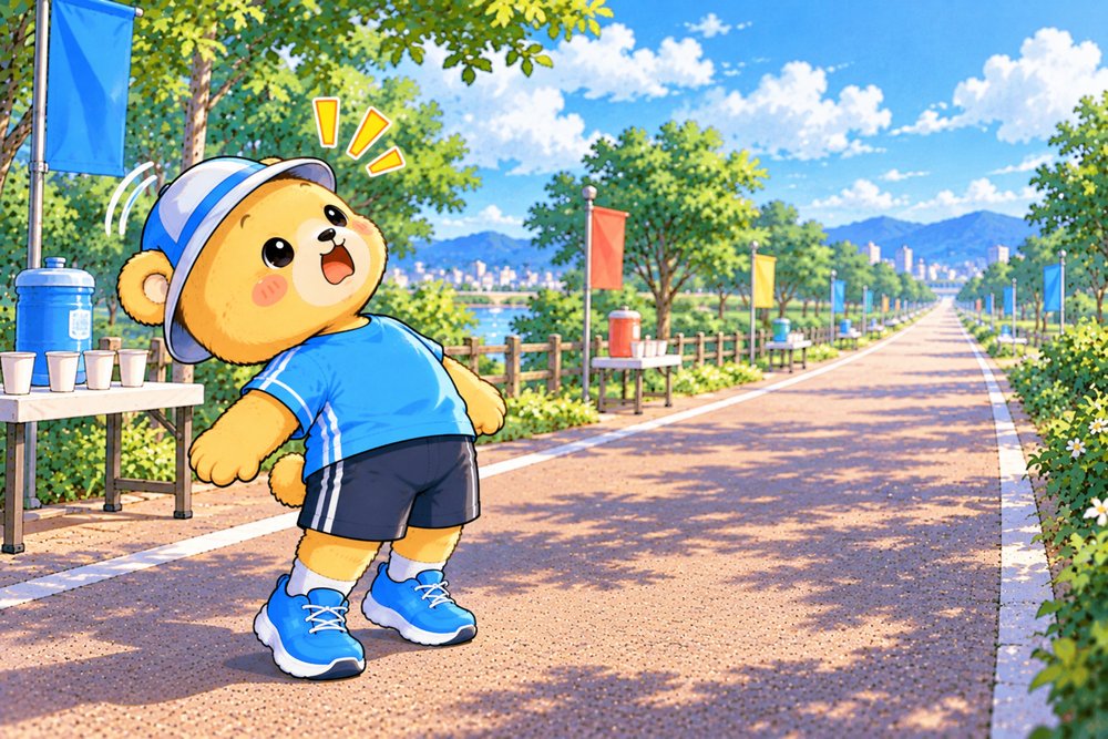 遠くまで続く道の長さに驚くクマのナビ助
