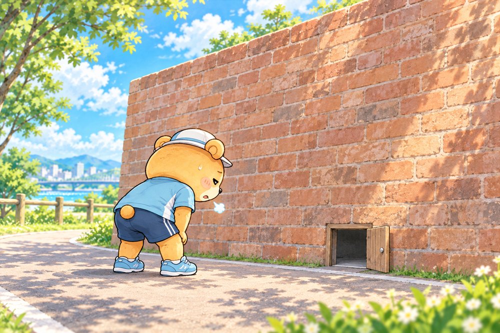 大きな壁の前でぐったり立ちつくすクマのナビ助