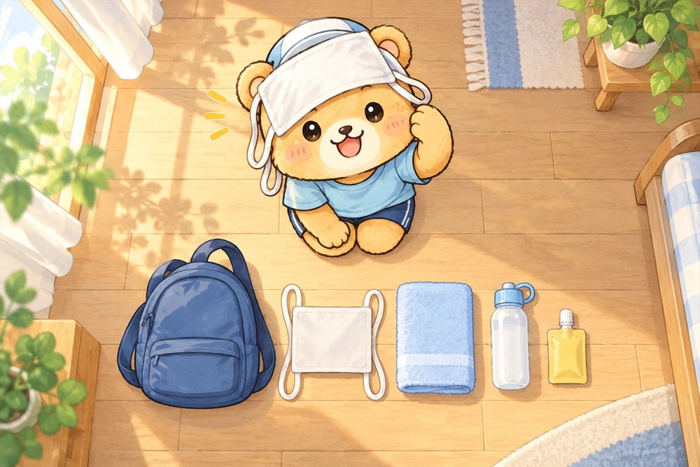 持ち物を並べて確認するクマのナビ助