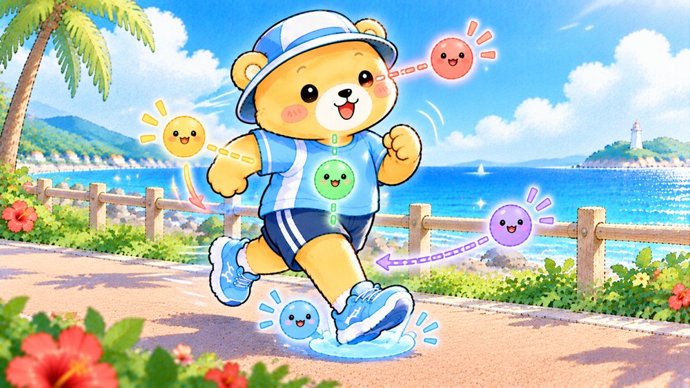 5つの光の玉に囲まれて背筋を伸ばして走るクマのナビ助