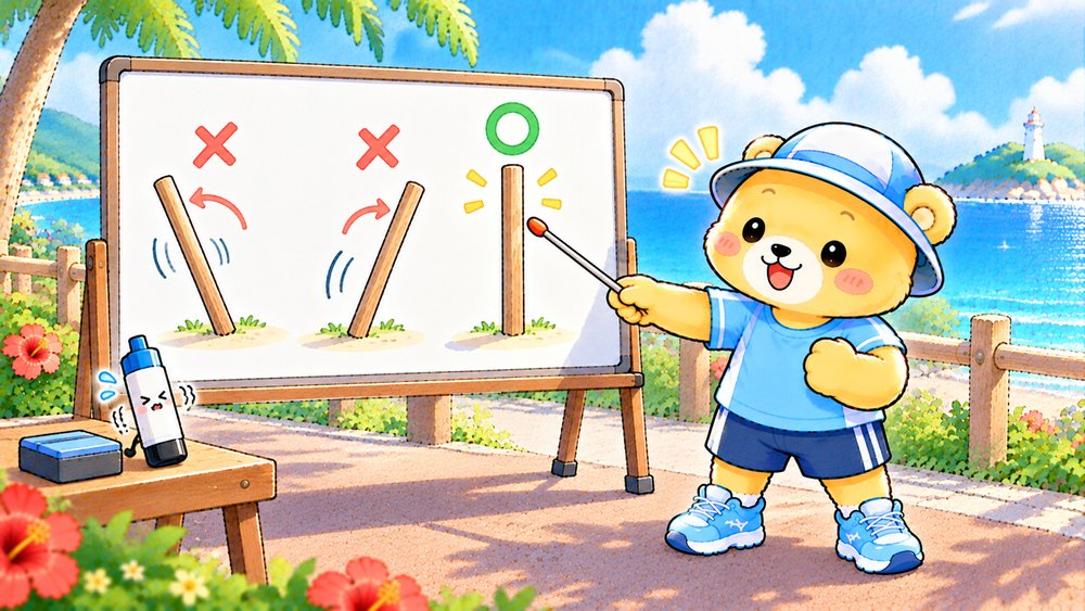 ホワイトボードの3本の棒でフォームの直し方を教えるクマのナビ助