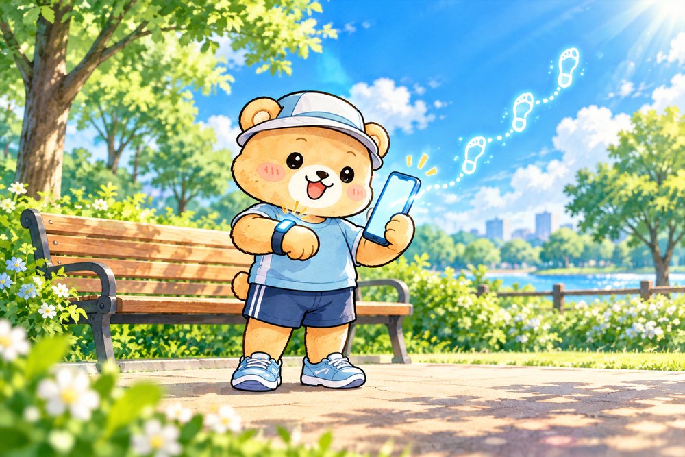 ランニングの記録をスマホと腕で確かめるクマのナビ助